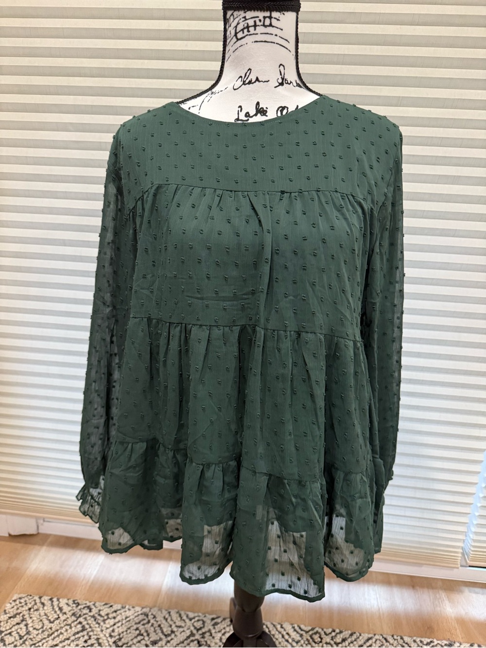 Women's Green Swiss Dot Tiered Long-Sleeve Top